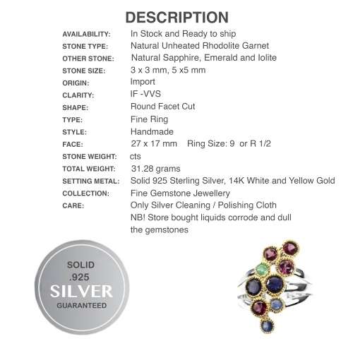 Natural Iolite, Emerald Garnet Sapphire Two Tone Solid .925 Sterling Silver Ring Size 9 or R 1/2