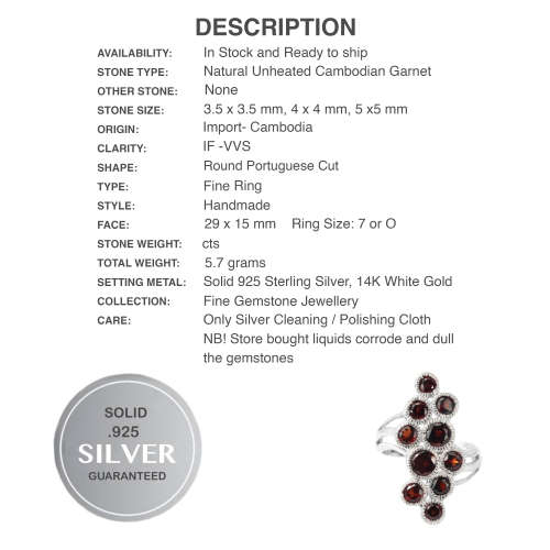 Natural Unheated Cambodian Garnet Solid .925 Sterling Silver 14K white Gold Ring Size 7 or O