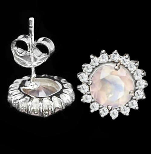 Natural Rose Quartz, AAA White Cubic Zirconia Solid.925 Sterling Silver 14K White Gold Stud Earring