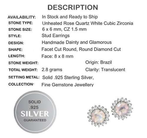 Natural Rose Quartz, AAA White Cubic Zirconia Solid.925 Sterling Silver 14K White Gold Stud Earring