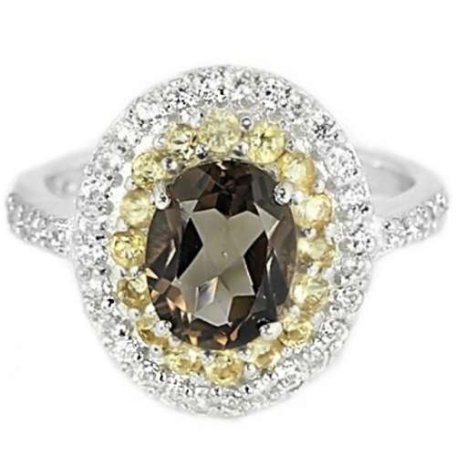 Deluxe Natural Smoky Topaz, Citrine, White Cz Solid .925 Sterling Silver 14K W/Gold Ring US 7.5/P