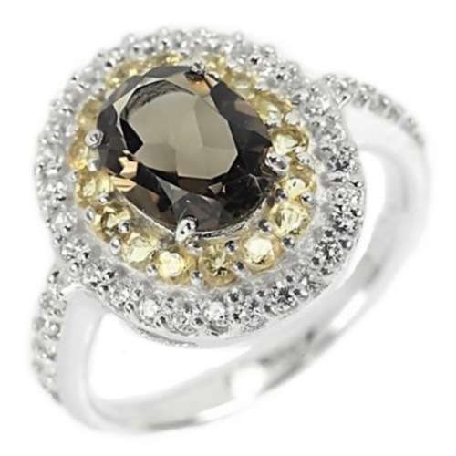 Deluxe Natural Smoky Topaz, Citrine, White Cz Solid .925 Sterling Silver 14K W/Gold Ring US 7.5/P