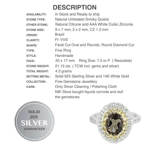 Deluxe Natural Smoky Topaz, Citrine, White Cz Solid .925 Sterling Silver 14K W/Gold Ring US 7.5/P