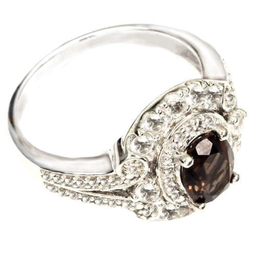 24 ct Natural Unheated Smoky Topaz, White Topaz Solid .925 Sterling Silver 14K White Gold Ring 9