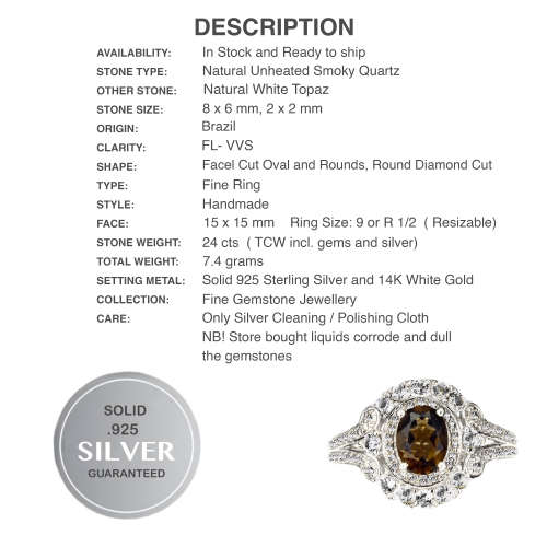 24 ct Natural Unheated Smoky Topaz, White Topaz Solid .925 Sterling Silver 14K White Gold Ring 9