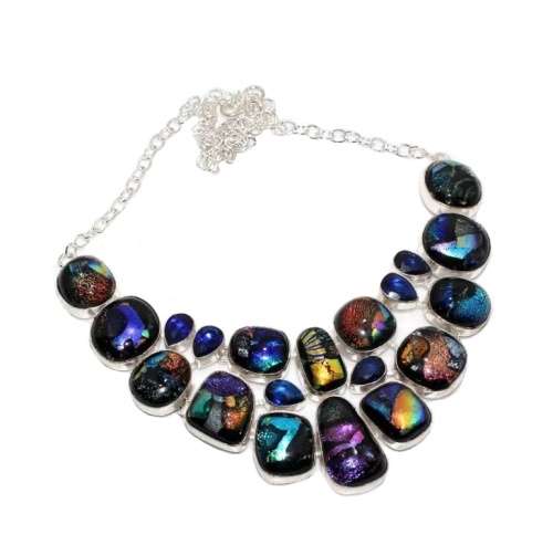 Handmade Fancy Dichroic Glass Cabochons Gemstone .925 Sterling Silver Plated Bracelet