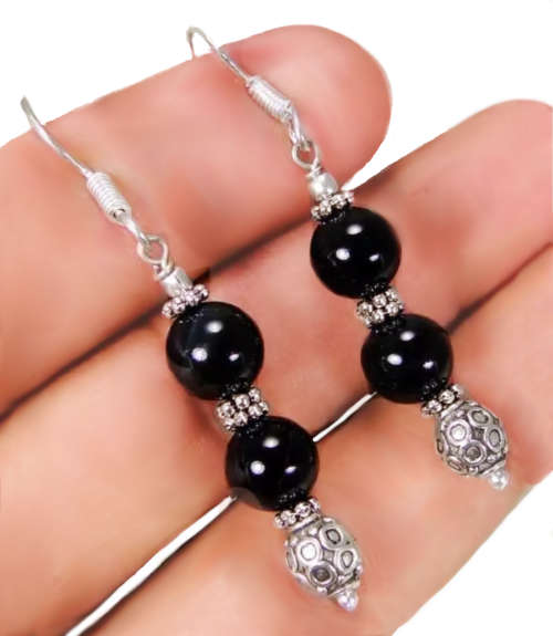 Natural Black Onyx Round Gemstone set in 925 Sterling Silver Plated Antique Style Earrings