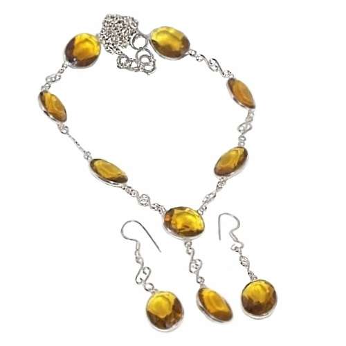 Faceted Citrine Round Gemstones set in  .925 Sterling Silver Plated Necklace and Earrings Set
