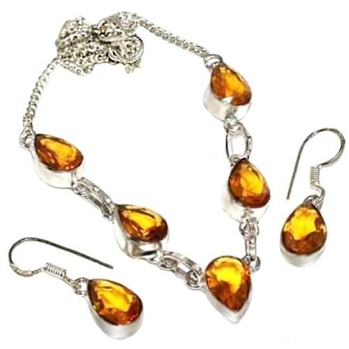 Dainty Pear Shape Citrine Gemstones set in .925 Sterling Silver Plated Necklace and Earrings Set