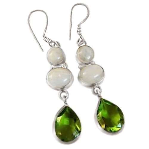 Peridot Pears and Natural Moonstone set in .925 Sterling Silver Plated Handmade Earrings