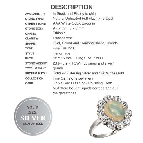 Regal 23.94 cts Ethiopian Fire Opal CZ Gemstone set in Solid .925 Sterling Ring Size 7 or O