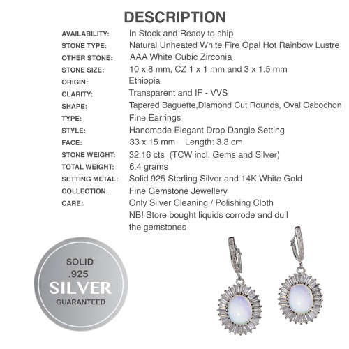 Deluxe Natural Unheated Full Rainbow Fire Opal Gemstone  925 Sterling Silver 14K White Gold Earrings