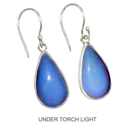 Natural Australian Rainbow Flash White Fire Opal Pears in Solid .925 Sterling Silver Earrings