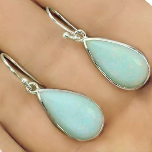 Natural Australian Rainbow Flash White Fire Opal Pears in Solid .925 Sterling Silver Earrings