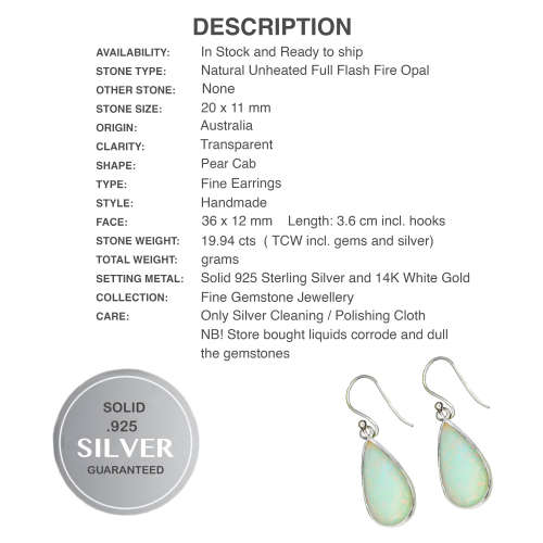 Natural Australian Rainbow Flash White Fire Opal Pears in Solid .925 Sterling Silver Earrings