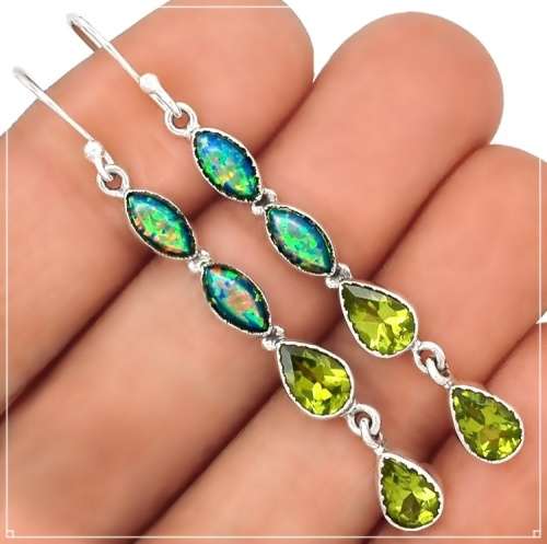Natural Peridot, Green Fire Opal Gemstone  set in Solid .925 Sterling Silver Earrings