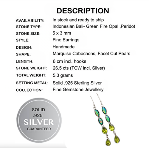 Natural Peridot, Green Fire Opal Gemstone  set in Solid .925 Sterling Silver Earrings