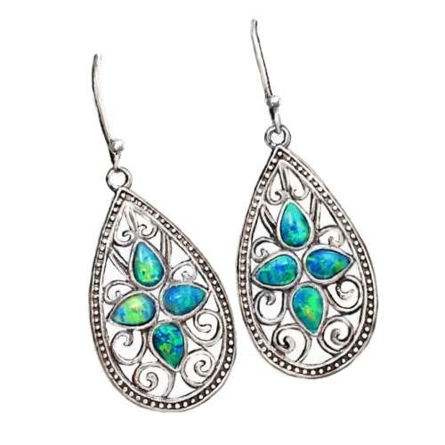 Indonesian Bali Java Handmade Green Fire Opal Gemstone in Solid .925 Sterling Silver Earrings