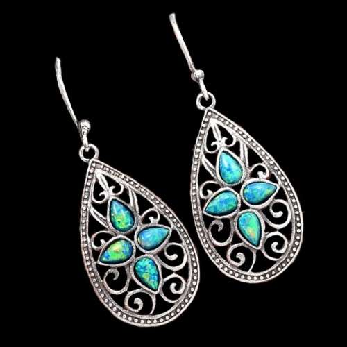Indonesian Bali Java Handmade Green Fire Opal Gemstone in Solid .925 Sterling Silver Earrings