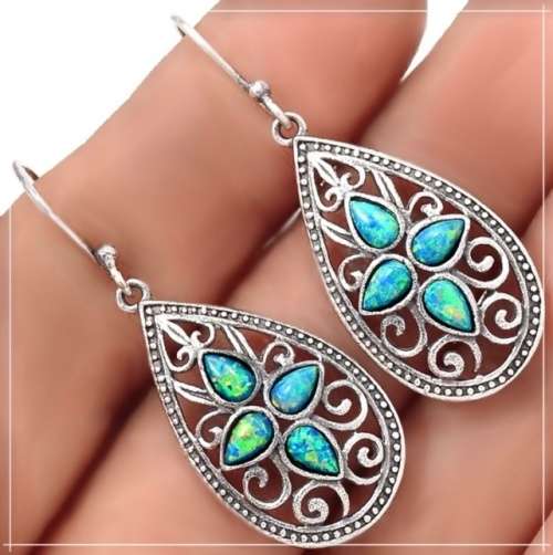 Indonesian Bali Java Handmade Green Fire Opal Gemstone in Solid .925 Sterling Silver Earrings