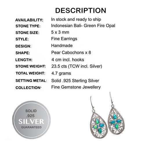 Indonesian Bali Java Handmade Green Fire Opal Gemstone in Solid .925 Sterling Silver Earrings