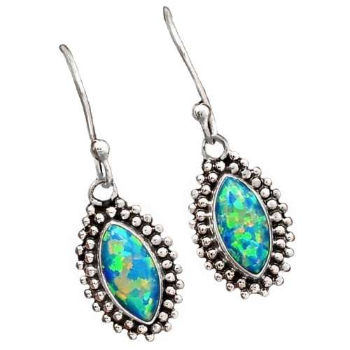 Indonesian-Bali Marquise Shape Green Fire Opal Gemstone Solid .925 Sterling Silver Earrings