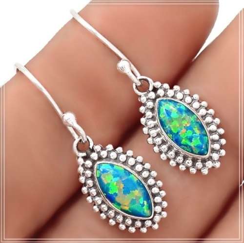 Indonesian-Bali Marquise Shape Green Fire Opal Gemstone Solid .925 Sterling Silver Earrings