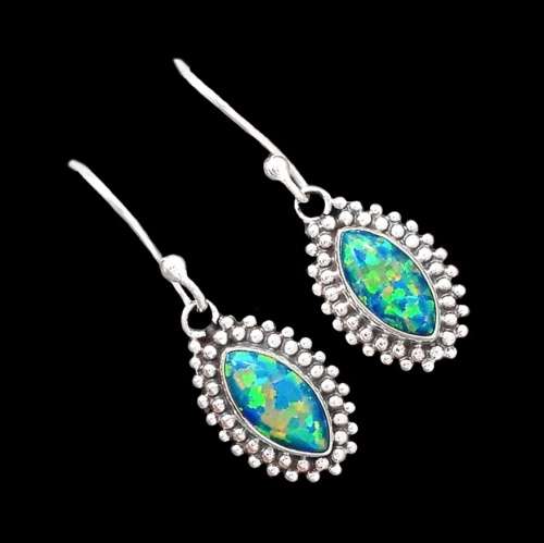 Indonesian-Bali Marquise Shape Green Fire Opal Gemstone Solid .925 Sterling Silver Earrings