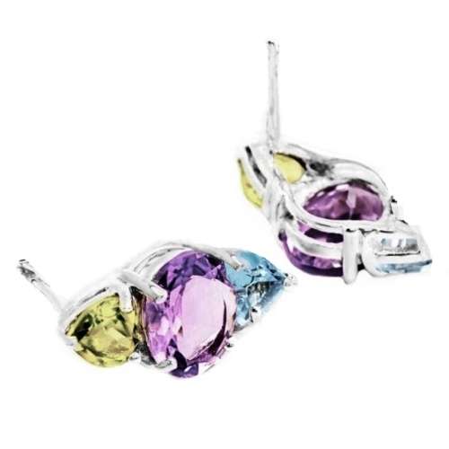 Authentic Earth Mined Purple Amethyst, Peridot, Sky Blue Topaz  .925 Sterling Silver Stud Earrings