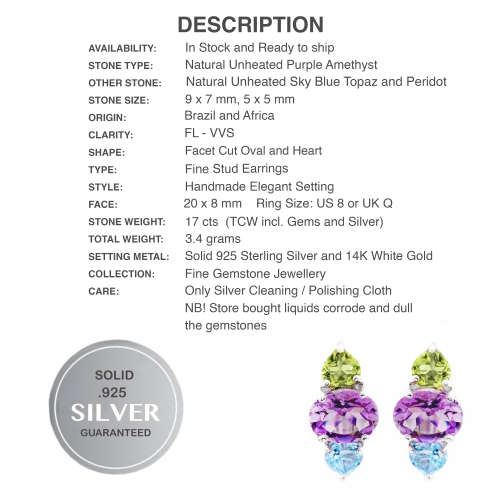 Authentic Earth Mined Purple Amethyst, Peridot, Sky Blue Topaz  .925 Sterling Silver Stud Earrings