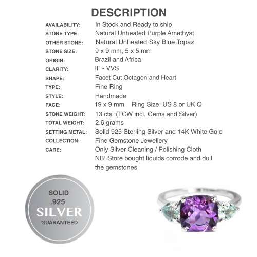 Authentic Earth Mined Purple Amethyst, Peridot, Sky Blue Topaz  .925 Sterling Silver Ring Size 8 / Q