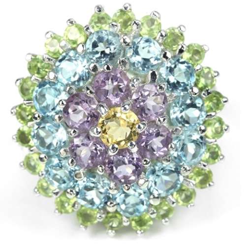 Natural Green Purple Amethyst, Citrine, Blue Topaz Gemstone .925 Sterling Silver Ring Size 6.75