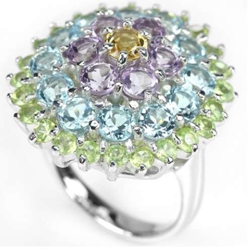 Natural Green Purple Amethyst, Citrine, Blue Topaz Gemstone .925 Sterling Silver Ring Size 6.75