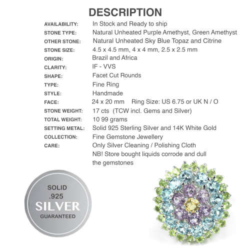 Natural Green Purple Amethyst, Citrine, Blue Topaz Gemstone .925 Sterling Silver Ring Size 6.75