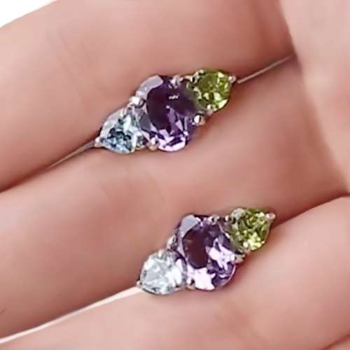 Authentic Earth Mined Purple Amethyst, Peridot, Sky Blue Topaz  .925 Sterling Silver Stud Earrings