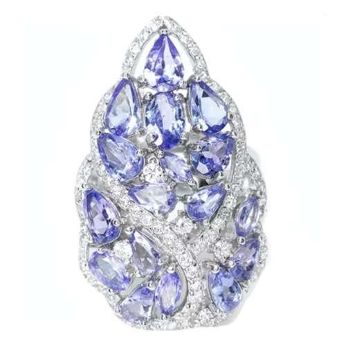Deluxe Natural Unheated Tanzanite and AAA White Cubic Zirconia Solid .925 Silver Ring Size US 7.25