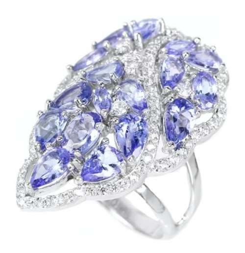 Deluxe Natural Unheated Tanzanite and AAA White Cubic Zirconia Solid .925 Silver Ring Size US 7.25