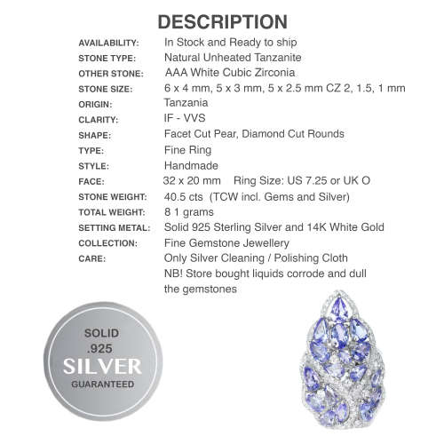 Deluxe Natural Unheated Tanzanite and AAA White Cubic Zirconia Solid .925 Silver Ring Size US 7.25
