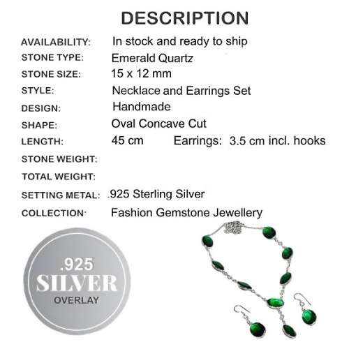 Emerald Quartz Gemstone 925 Silver Necklace and Earrings Set