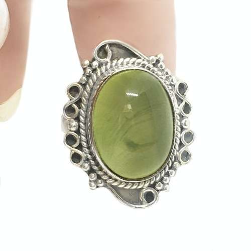 Natural Scottish Moss Prehnite Gemstone Antique Style Solid .925 Sterling Silver Ring Size US 8 or Q