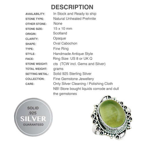 Natural Scottish Moss Prehnite Gemstone Antique Style Solid .925 Sterling Silver Ring Size US 8 or Q