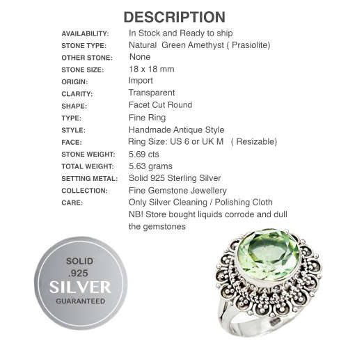 Natural Green Amethyst Gemstone set in Solid .925 Sterling Silver Ring Size 6 or M