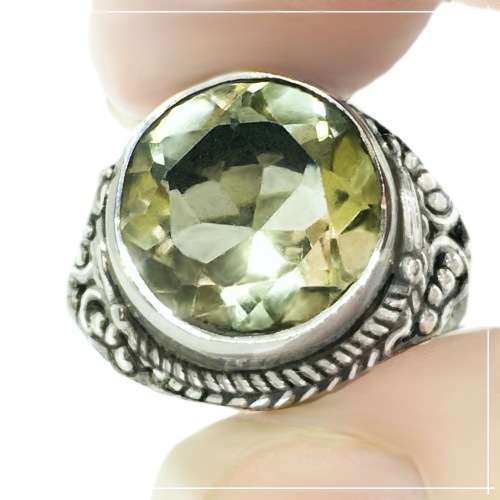 Natural Green Amethyst Round Gemstone  Set in .Solid 925 Sterling Silver Ring Size 8 or Q