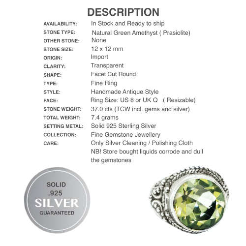 Natural Green Amethyst Round Gemstone  Set in .Solid 925 Sterling Silver Ring Size 8 or Q