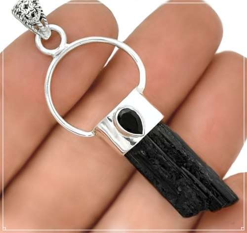 Natural Black Tourmaline Rough and Black Onyx Gemstone Solid .925 Sterling Silver Pendant