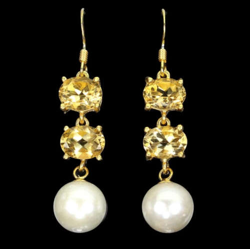 Natural Unheated Rich Yellow Citrine 8x6mm White Pearl 925 Sterling Silver 14K Yellow Gold Earrings