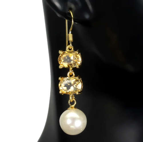 Natural Unheated Rich Yellow Citrine 8x6mm White Pearl 925 Sterling Silver 14K Yellow Gold Earrings