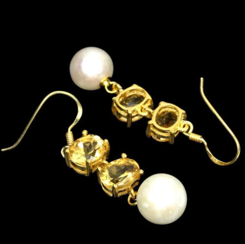 Natural Unheated Rich Yellow Citrine 8x6mm White Pearl 925 Sterling Silver 14K Yellow Gold Earrings