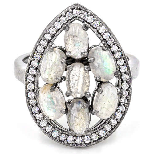 Natural Unheated Labradorite and White CZ  set in Solid .925 Sterling Silver Ring Size US 8 / Q