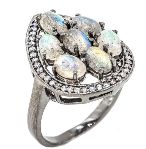 Natural Unheated Labradorite and White CZ  set in Solid .925 Sterling Silver Ring Size US 8 / Q